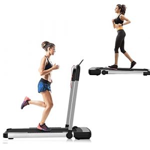 2 in 1 Under Desk Treadmill, 2.25HP Installation-Free Electric Treadmill, Foldable Walking Jogging Machine with Wheels for Home, Office & Gym with APP, Remote Control and LED Display (220 LB Capacity)