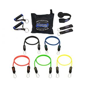 Bodylastics Resistance Bands Set - Max Tension Set with Patented Anti-Snap Elastics, Clips, Handles, Door Anchor, Legs & Wrist Straps, Bag - Home Workout Equipment for Men, Women - 96 lbs, 5 Cables
