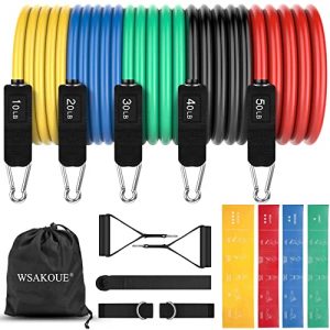 WSAKOUE Resistance Bands Set, Exercise Bands, Workout Bands for Men & Women, 5 Level Fitness Bands with 4 Resistance Loops Handles Door Anchor Ankle Straps and Carry Bag for Home Outdoor Workouts