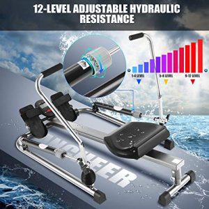 ANCHEER Hydraulic Rowing Machine, Full Motion Adjustable Rower with 12 Level Resistance & Soft Seat & LCD Monitor & 45 Inch Long Rail for Indoor Cardio Exercise, Home/Apartment (Gray)